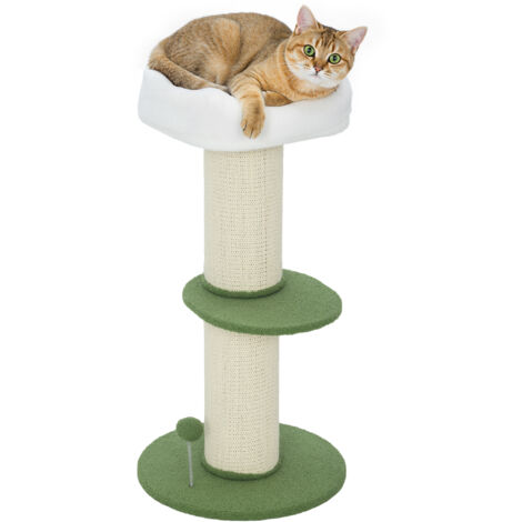 PawHut Albero Tiragraffi per Gatti Alto 92 cm con Palo in Sisal da 16.5 cm, Lettino per Gatti Superiore a Forma di Fiore, Piattaforma Centrale e Pallina, Verde