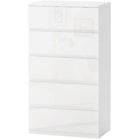 HOMCOM Cassettiera Moderna 5 Cassetti in Truciolato 55x33x100 cm Bianco Lucido