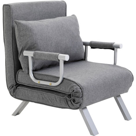 HOMCOM Poltrona Letto Singolo 3 in 1 con Schienale Reclinabile su 5 Livelli e Cuscino, Divano Letto Singolo Pieghevole per Soggiorno e Salotto in Lino e Metallo, 65x69x80cm, Grigio Chiaro