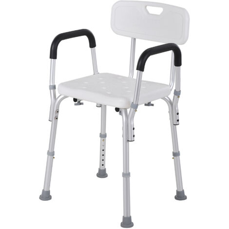 HOMCOM Sedia Doccia con Schienale, Braccioli, Sgabello Doccia in Alluminio con Altezza Regolabile a 6 Livelli 71-84cm e Piedini Antiscivolo, per Anziani e Disabili, Bianco