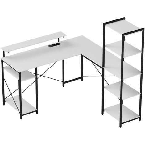 HOMCOM Scrivania Angolare con Prese USB Supporto Monitor Scaffale Bianco Nero
