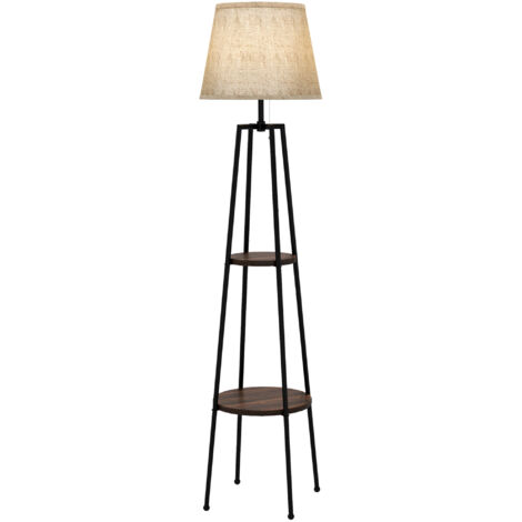 HOMCOM Lampada da Terra in Metallo e MDF con Paralume in Tessuto Nero e Marrone