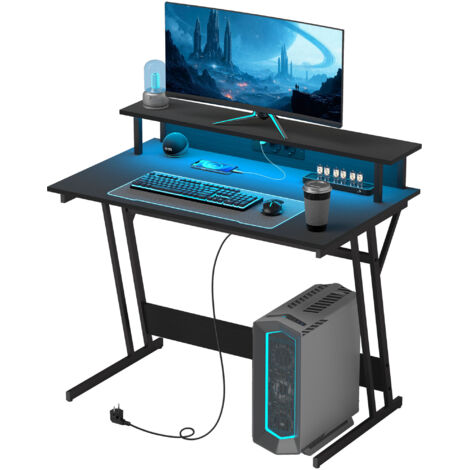 HOMCOM Scrivania PC con Luci LED e Supporto Monitor in Legno e Acciaio Nero
