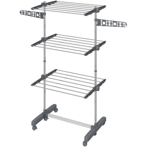 Three-Shelf Collapsing Clothes Horse, With Side Arms and Wheels - Grey