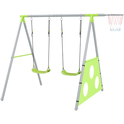Aiyaplay – Gioco per bambini altalena doppia con canestro e porta – Struttura in metallo verniciato a polvere – Dimensioni 238x180x182 cm – Altezza regolabile 40-60 cm (1/5)
