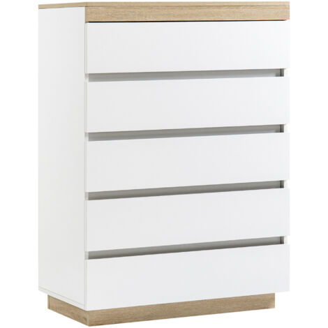 HOMCOM Cassettiera Moderna 5 Cassetti in Truciolato Bianco e Rovere