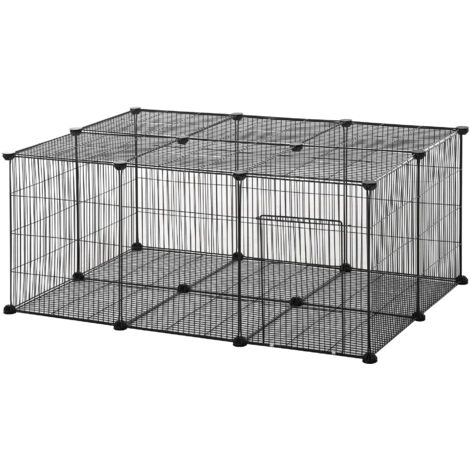 Pawhut Gabbia per Conigli e Piccoli Animali, 22 Pannelli Modulabili in Metallo con Porta, Nero, 105 x 70 x 45cm