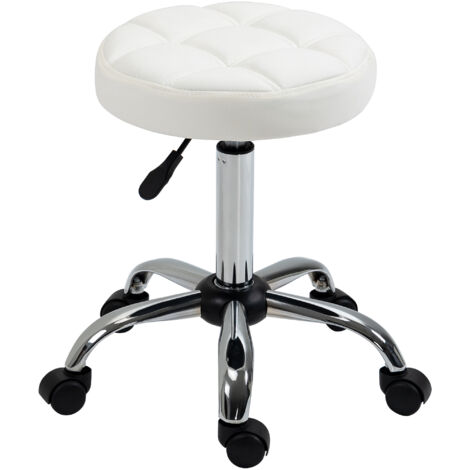 HOMCOM Sgabello Girevole con Ruote Rotondo, Sgabello per Parrucchiere ed Estetista con Altezza Regolabile, Imbottito in Finta Pelle, Bianco (1/5)