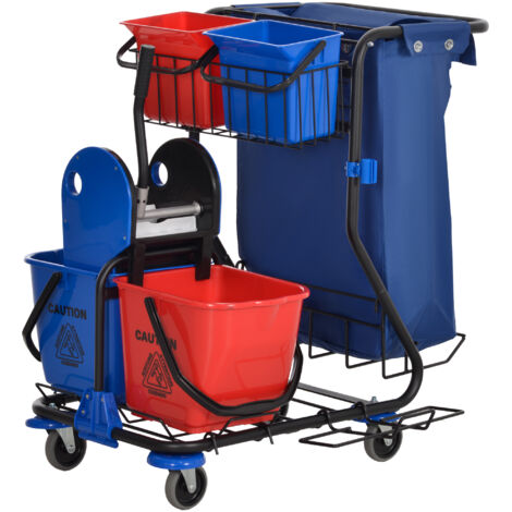 HOMCOM Carrello Pulizie Professionale con Sacco per Immondizia, 2 Secchi Lavapavimenti 18L, 2 Secchio Portaoggetti 6L, Strizzatore per Mocio, Gancio e Ruote per Hotel e Albergo, 93x80x97 cm, Rosso (1/5)