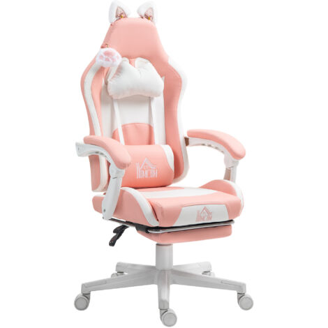 HOMCOM Sedia Gaming con Orecchie da Gatto, Poggiapiedi e Cuscino Lombare Rosa