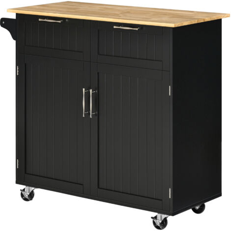 HOMCOM Carrellino da Cucina in Legno con Armadietto, 2 Cassetti e 4 Ruote Nero