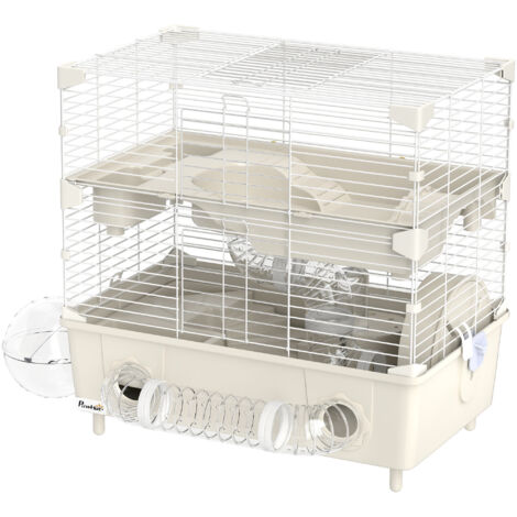 PawHut Gabbietta per Criceti a 2 Livelli e 3 Porte con Ruota Crema e Bianco