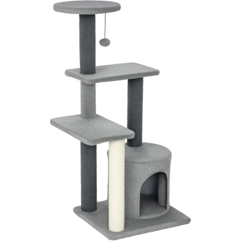 PawHut Albero Tiragraffi Multilivello con Casetta in Sisal e Peluche Grigio
