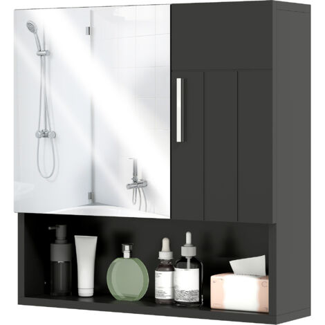 kleankin Mobile Bagno Armadietto Specchiera a 2 Ante e Ripiano Aperto Nero