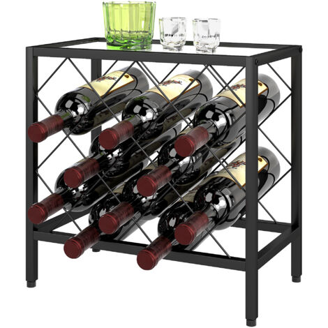 HOMCOM Portabottiglie Vino per 10 Bottiglie Totali con Piano d'Appoggio in Vetro Temperato, Cantinetta Portabottiglie in Acciaio, per Cucina, Dispensa, Cantina e Bar, 41x22x41 cm, Nero (1/5)