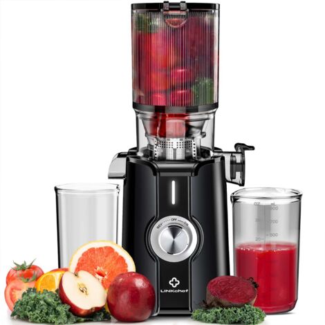 LINKChef SJ-051-EU-BL Lento Spremiagrumi - Certificato CE Potenza 200W Ampia capacità 1.2L Doppi vassoi di alimentazione Facile da pulire - Nero