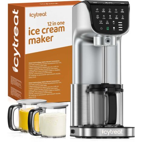 IcyTreat IC-1010 EU 12 in 1 Gelatiera - Certificata CE Potenza 500 W Capacità 568 ml Include 3 contenitori per gelato in Tritan - Argento