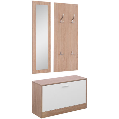 HOMCOM Set Mobili Ingresso 3 Pezzi con Panca Scarpiera, Appendiabiti a Muro e Specchio, Guardaroba da Camera e Corridoio in Legno, 80x27x46.5 cm Color legno e Bianco (1/4)