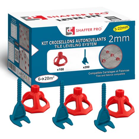Kit croisillons autonivelants à visser LEVEL FIT 2 mm – 300 pcs – Pose carrelage 2 à 22 mm – 200 croisillons + 100 cadrans – SHAFFER PRO
