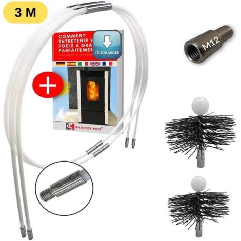 SHAFFER PRO - kit de ramonage poêle pellet 3 mètres - hérisson ramonage 80 mm 100 mm EASYFLEX- 6 cannes de ramonage flexible Adaptateur M12 (3m)