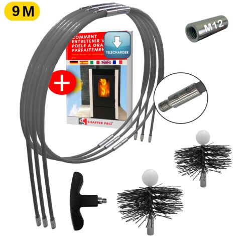 kit de ramonage poêle pellet 9mètres- hérisson 80 et 100 mm EASYFLEX- 16 cannes flexible -SHAFFER PRO