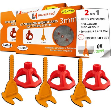 Kit croisillons autonivelants à visser LEVEL FIT 3 mm – 600 pcs – Pose carrelage 2 à 22 mm – 400 croisillons + 200 cadrans – SHAFFER PRO
