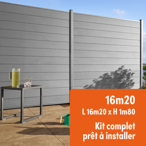 Kit clôture composite et aluminium à sceller 1m80 – L 16m20 gris quartz – Renforts acier pour occultation complète – Système empilable – Gardenode