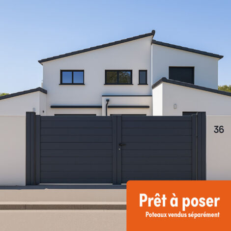 Portail battant Aluminium Plein - Largeur 3m75 - Hauteur 1m90 – Gris anthracite - Prêt à poser