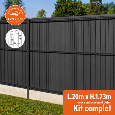 Easycloture – Kit complet grillage rigide occultant lattes composite 20m – Hauteur 1,80m – Acier galvanisé et béton pour résistance au vent 120km/h – Gris anthracite (1/5)