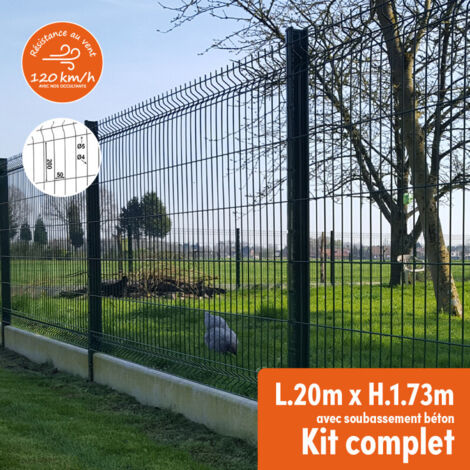 Easycloture – Kit complet grillage rigide avec soubassement 20m – Hauteur 1m80 – Acier galvanisé thermolaqué – Résistance au vent 120 km/h