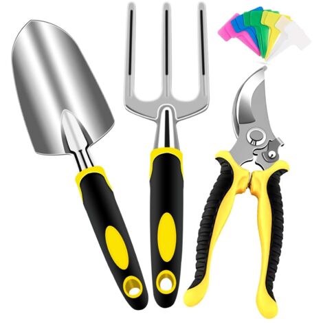 Kit Giardinaggio 3 Pezzi in Alluminio Antiruggine per Adulti, con Cesoie, Forca e Trapiantatore