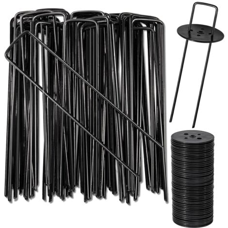 Pali di Fissaggio in Acciaio al Carbonio per Giardino, 40 Neri + 40 Rondelle Nere, Picchetti per Prato Artificiale, Recinzione, Telone, Erba, H150mm, L25mm, Ø2,8 mm