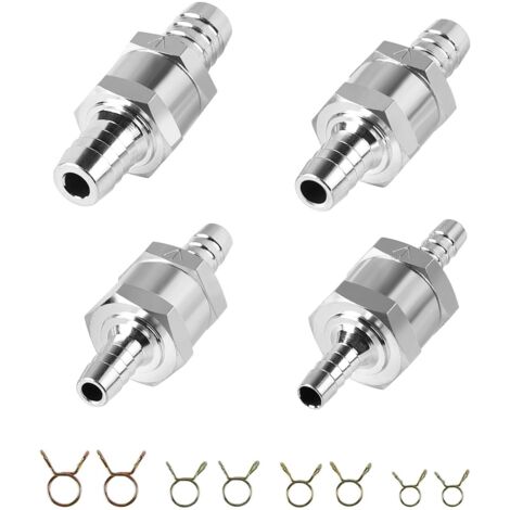 4 Pezzi Valvola di Non Ritorno, 6/8/10/12mm Valvola di Controllo in Lega di Alluminio per Carburante con 8 Fascette, per Sistemi Alimentazione Benzina Diesel Olio (1/5)