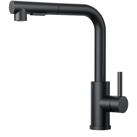 Rubinetto Cucina Nero, Miscelatore con Doccetta Estraibile, 2 Modalità di Spray e Girevole a 360°, Design a L in Acciaio Inossidabile Monoleva.