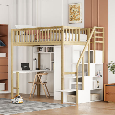 Lit Mezzanine 90 X 200 Cm Avec Grand Placard, Étagère, Bureau