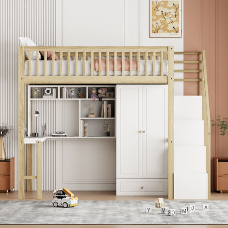 Lit Mezzanine 90 X 200 Cm Avec Grand Placard, Étagère, Bureau