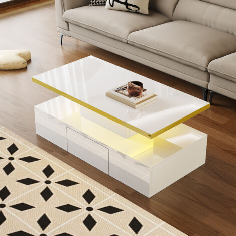 Table Basse Brillante, Table De Salon Avec Porte Vitrée, Espace De Rangement Ouvert Effets De Lumiere Led Blanc