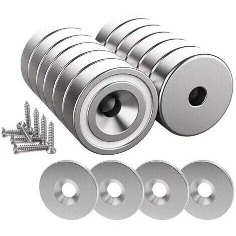 12 neodymium magnets, 10 kg force, 20 x 7 mm with hole and cap, countersunk pot magnet with screw and 12 steel discs (light silver) (1/4)