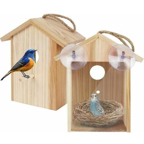 Birdhouse with window, powerful suction cup and drawstring for outdoor use – improved wooden birdhouse for outdoor use, transparent nest for easy bird observation, ideal gift for her FLITI (1/4)