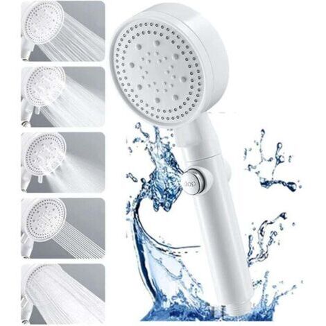 Water-saving high-pressure shower head with 5 different jets for bathroom and spa, anti-limescale shower head, high-pressure massage shower head (white) (1/4)