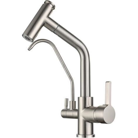3-way kitchen tap with pull-out spray, 2-spout sink tap, 360° swivel mixer tap, brass kitchen sink tap, suitable for drinking water (MUMU niche) (1/4)