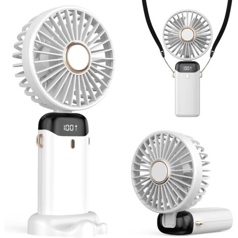 Portable Fan with LED Display, 3-in-1 Handheld/Neck/Desktop Fan, Foldable and 90° Tiltable, Ideal for Summer, Office, Bedroom, Travel, Gift for Adults and Children (White) (1/5)