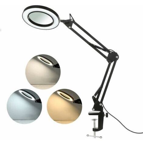 Lampe Loupe À Led Avec Pince, Loupe Avec Lumière De 8 Dioptries Lampe De Loupe Éclairées 3 Couleurs Bras Pivotant, Dimmable Lumière Pour La Lecture Pour Table Ou Atelier(8X) (1/5)