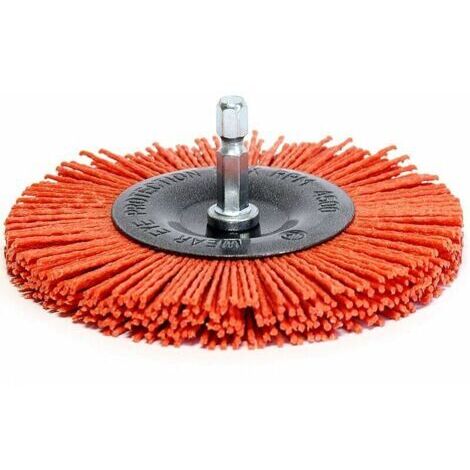 Brosse circulaire nylon 100mm – Pour nettoyage bois et métal – Queue hexagonale 1/4 – Grain gros pour finition précise (1/5)