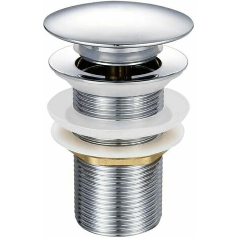 Pop-up sink drain without overflow made of chrome-plated brass G 1-1/4, equipped with a simple push-button opening and closing system.