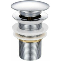 Pop-up sink drain without overflow made of chrome-plated brass G 1-1/4, equipped with a simple push-button opening and closing system.