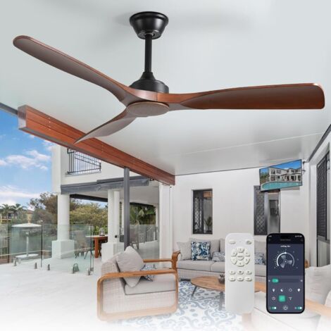 Large ceiling fan without light: 132cm, 3 blades, fan with remote control and app for patio and garden - Quiet, reversible DC timer ceiling fan for living room, brown