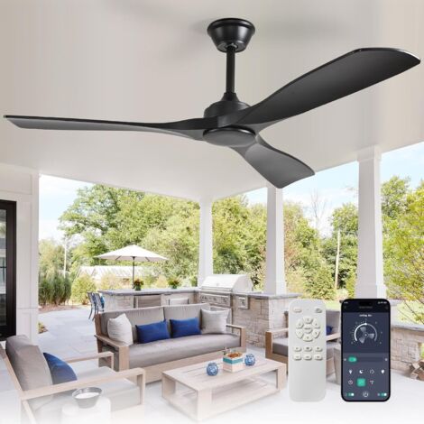 Silent ceiling fan without light: 132cm fan with remote control and app for patio and garden - Large reversible DC ceiling fan with timer for living room, black