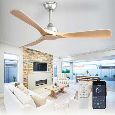 Large ceiling fan without light: 132cm, 3 blades, fan with remote control and app for patio and garden - Quiet, reversible DC timer ceiling fan for living room, khaki