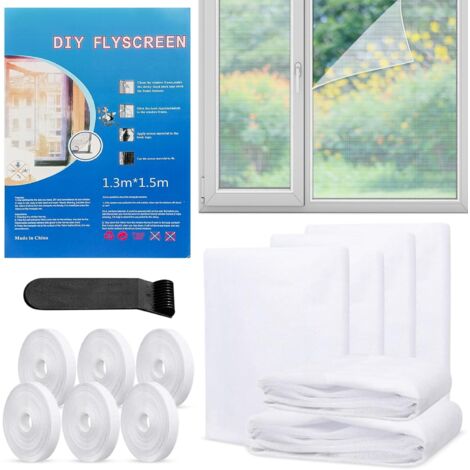 Moustiquaire Fenêtre 130x150 cm (Lot de 2) \u2013 DIY, Ajustable & Découpable \u2013 Sans Perçage, Maille Fine \u2013 Inclut Ruban Adhésif + Découpeur \u2013Blanc (1/5)